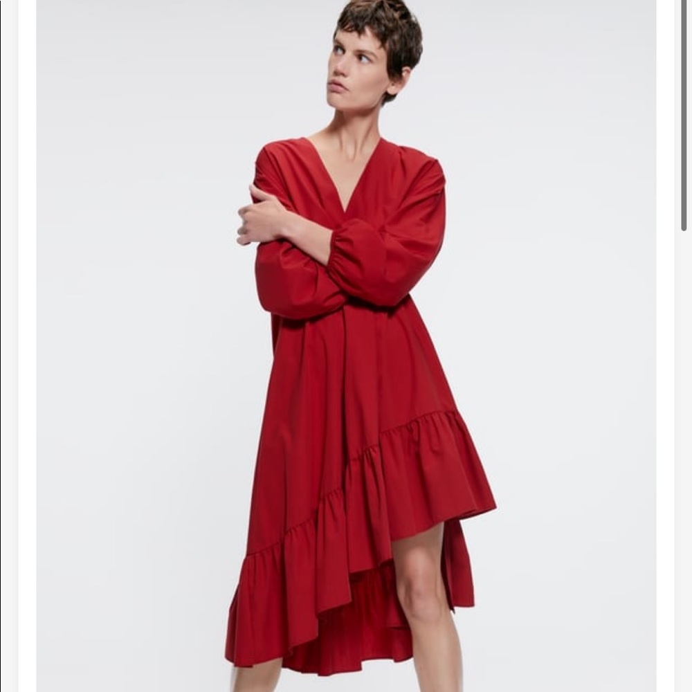 Zara Red Poplin Dress in XS V Neck Long Sleeve